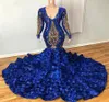 Royal Blue Mermaid Evening Dresses Gold Appliques V Neck Long Sleeve Prom Dress 3D Hand Made Flowers Fornal Party Gowns7786836