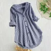 Blouses Femme Chemises M-4XL Femmes Tunique Chemise Rayée À Manches Longues Col En V Mi Long Col Rabattu Coupe Ample Décontracté Été Élégant Dames Blouse TopL24312