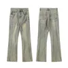 American Style High Street Vibe Washed Distressed Yellow Mud Dyed Jeans, trendige Instagram-Hose mit geradem Bein für Herren, leicht ausgestellte, schlankmachende und gestapelte Hose