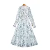 2024 Spring Blue Floral Print Embroidery Chiffon Dress Long Sleeve Round Neck Panelled Single-Breasted Casual Dresses S4M110306 Plus Size XXL
