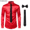 검은 색 Mens 실크 드레스 셔츠 3pcsshirt tiebowtie 부드러운 새틴 셔츠 남자 슬림 딱지 파티 파티 캐주얼 셔츠 남자 사교적 카미사 240307