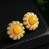 Boucles d'oreilles à tige en argent 925 incrusté de jaune naturel, boule de cire de miel, soleil, vitalité, fleur de soleil, clous d'oreille, mode rétro pour femmes