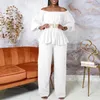 Etniska kläder 2024 Summer Elegant Off Shoulder Women Pant Set Long Lantern Sleeve Tunic Tops and Wide Ben Pants Casual Suits 2sts