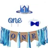 Décoration de fête 1set une lettre chaise haute bannière gâteau Topper couronne chapeau bleu arc pour premier anniversaire garçon bébé douche fournitures