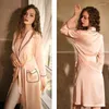 Women's Sleepwear Bath Robe Women Bow Flattering Waist Spring Home Mujer Skin-friendly Deep V-neck Pockets Lace-up Temperament Striped