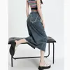 Skirts Retro Blue High Waist Tassel Denim Skirt Women's Tall Look Slim Split A- Line Hip Covering Long