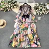 European retro court style elegant dress design with flared sleeves slim fit long chiffon ruffled edge skirt