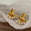 Stud Earrings Vintage Pearl Women's Golden Flying Bird Two Wear Classic Animals