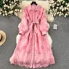 Palace Style Dress 2024 New Heavy Industry Embroidered Hollow Flower Slim Fit Mid length Bubble Sleeve Dress