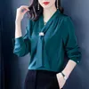 Blusas de mujer Camisas Blusa de seda satinada roja 2021 Otoño Moda para mujer Corbata con cuello en V Camisa larga azul suelta Oficina Señora Trabajo de negocios BlusaL24312