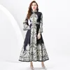 Vintage Palace Style Printed Long Dress Flared Sleeves Designer Women Buttons Cardigan Dresses Ladies Belt A-line Swing Office Casual Party Robes Clothes Vacation