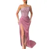 Casual Dresses Women Dress Shiny Sequin Slant Bandeau Collarless Off Shoulder High Split Hem Slim Fit Floor Length Ball Gown Party Long