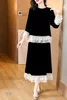 İş Elbiseleri Sonbahar Siyah Kadife Uzun Kollu Üst Kat Hlaf Uzunluk Etek İki Parça Setleri 2024 Dişi Şık Patchwork Beading Fırlatma Elbise