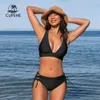 Costumi da bagno Coppe Con lacci Vita media Set Costume da bagno bikini per donna Costume da bagno nero sexy a triangolo lungo Due pezzi 2024 sport acquatici 240311