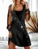 Robes décontractées Femmes élégantes Printemps et automne Paillettes Perspective Mesh Robe sexy Femme à la mode Femme à manches longues Col rond Épissé