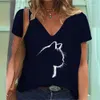 Camiseta feminina 2022 novas mulheres camisetas 3d gato impressão com decote em v curto sle t camisa para senhoras casual animal meninas topos camisa roupas femininas l24312 l24312