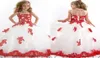 2019年の白と赤い花の女の子のドレス宝石首の床の長さのレースアップリケドガールズページェントドレスキッズウェディングドレ2223269