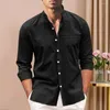 Camisas casuales para hombres Camisa de hombre de color sólido Cuello alto elegante con diseño de un solo pecho Ajuste suelto Tela suave y transpirable para la primavera