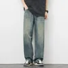 Mäns jeans 2024 Vår/sommar i mitten av hög midja koreanska denim byxor tonåringar mode retro lös rak gata