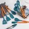 Reusable Adaptive Cooking Skimmer Wooden Tools Soft Non-stick Accessories 12 Pcs Silicone Kitchen Utensil Set for Baking Camping