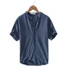 Camisas casuais masculinas simples atmosféricas algodão linho crepe camisa de manga curta 2BI9
