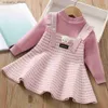 Girl's Dresses New Baby Dress 2023 Autumn/Winter Korean Edition Foreign Style Little Girl Sweet Bow Knitted Sweater Girl Casual Dress L240315