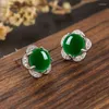 Stud Earrings Natural Green Jade Flower 925 Silver Agate Chinese Hand-Carved Fashion Charm Jewelry Accessories Amulet Gifts For Women