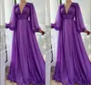 Semplice elegante viola in chiffon ALine abiti da ballo maniche lunghe a sbuffo scollo a V drappeggiato impero lunghezza pavimento abito da sera formale festa G2888167