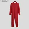 Męski kombinezon piżama odzież domowa stały kolor długi rękaw Wygodny przycisk snu Wyprzewodnikowy Rompers Rompers nocne odzież S-5xl Inderun 240227