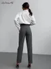 Mnealways18 Gray Office Pencil Pant High Waist Business Pleated Trousers Spring Summer Slim Long Classic Ladies 2024 240304