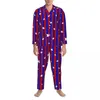 Herren-Nachtwäsche, blau und rot gestreifte Pyjamas, Herren-Sterne-Druck, süßer Raum, Herbst, zweiteiliges Retro-Oversize-Grafik-Set