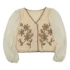 Tricots de femmes Femmes Fleur Crochet Tricot Lâche Puff Manches Longues Cardigan Cardigan Col V Bouton Down Français Pour Veste Manteau Blous N7YE