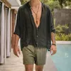 Camisas casuais masculinas primavera e verão camisa cor sólida solta fina manga longa moda praia roupas masculinas h671