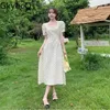 Festklänningar gkyocq puff kort ärm koreansk v hals elegant hög midja ropa mujer polka dot slim sexig femme robe kvinnokläder