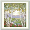 Bouleaux dans les peintures de décor de paysage d'été faits à la main, ensembles de broderie au point de croix, impression comptée sur toile DMC 14CT 232H