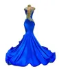 Kraliyet Mavi Mücevher Boyun Uzun Balo Elbiseleri Siyah kızlar için Doğum Günü Partisi Elbise Denizkızı Gece Elbise Cüppeler BC15273