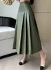 التنانير Qiukichonson Maxi Long Women Gothic Lolita الخريف الشتاء High Weist Pu Skirt Ladies A-line الكشكشة مطوية أسود