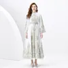 Vintage Palace Style Printed Long Dress Flared Sleeves Designer Women Buttons Cardigan Dresses Ladies Belt A-line Swing Office Casual Party Robes Clothes Vacation