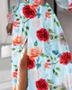 Casual Dresses Fashion Women's Dress Oversized Puff Sleeve Deep V Neck Floral Print Plunge Cutout High Waist Slit Maxi Female Clothing