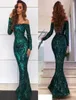 2019 Nya Sparkly Emerald Green Mermaid Prom Dresses Off Axel Spets Appliques paljetter Plus Size Aftonklänningar Kvinnor Formell Par7539318