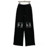 Women's elastic waist casual sports loose black color logo floral embroidery jogger pants trousers SMLXL