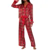 Vêtements de nuit pour femmes Femmes 2pcs Pyjamas Ensembles à manches longues Col à revers Boutonné Chemise à carreaux Pantalon Palazzo à jambes larges Y2K Loungewear Tenues