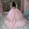 2024 Rosa Quinceanera-Kleider, herzförmig, ärmellos, Spitze, Applikationen, Kristallperlen, Tüll, handgefertigte Blumen, Ballkleid, Gastkleid, Abendkleider, Korsett-Rücken