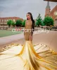 Guld Sparkly Long Mermaid Prom Formal Dresses for Women 2024 Luxury Crystal Black Girl Sheer Mesh Evening Birdag Gala klänning