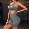 Seamless 2 PC Yoga Suit Set Cross Strap Bra Hip Rain Shorts Running Clothing Grey Workout Sportwear 240301