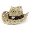 Beralar Western Cowboy Şapkası Kadınlar için Doğal Tuzlu Çim El Knited Mens Koruma Cowgirl Beach Cap Sombreros de Mujer