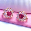 Stud Oorbellen 585 Paars Goud Ingelegd Kristal Ruby Bloem Voor Vrouwen Luxe 14K Rose Zoete Stijl Verlovingsfeest Sieraden