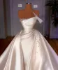 Satin Church Dress Elegant Vintage One Shoulder Pearls Beads Wedding Bride Gowns White A Line Arabic Dubai Vestido De Noiva