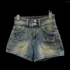 Women's Shorts 2024 Spring Summer Retro Workwear Pocket Design Washed Worn Denim Fashion Simple High Waist Jeans Pants