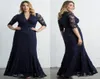 Dark Navy Plus Size renda vestidos formais com mangas compridas Vneck Tornozelo vestidos de noite